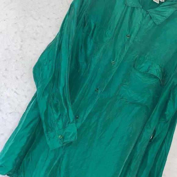Vintage 80’s Bonjour Green Long Sleeve 100% Silk Plus Size Blouse - Picture 4 of 15